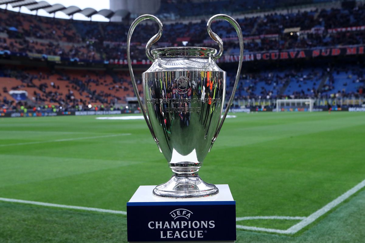 The Champions League trophy is put on display before the...